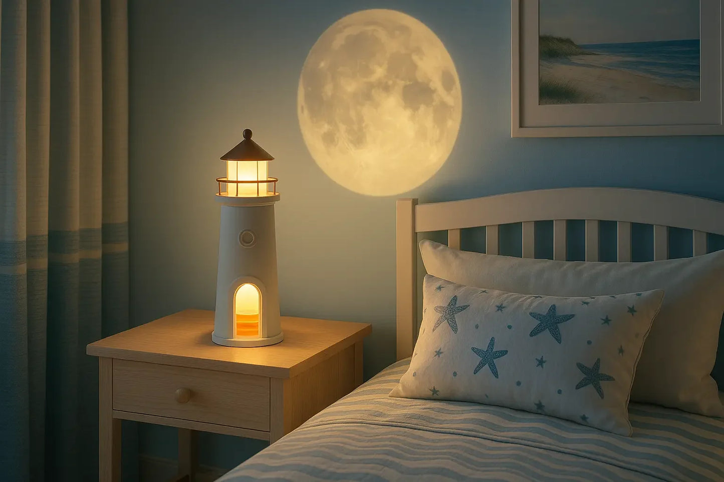 LunaBeacon lighthouse night light projecting a floating moon.