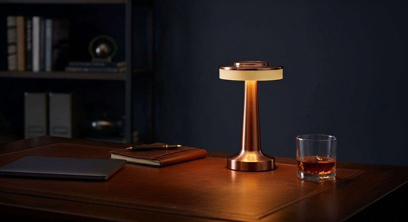 AuraGlow Cordless Touch Lamp in Bronze finish, dimmable with 3 colour modes. VelunaLumin.