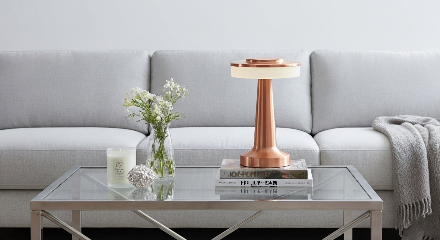 AuraGlow Cordless Touch Lamp in Bronze finish, dimmable with 3 colour modes. VelunaLumin.