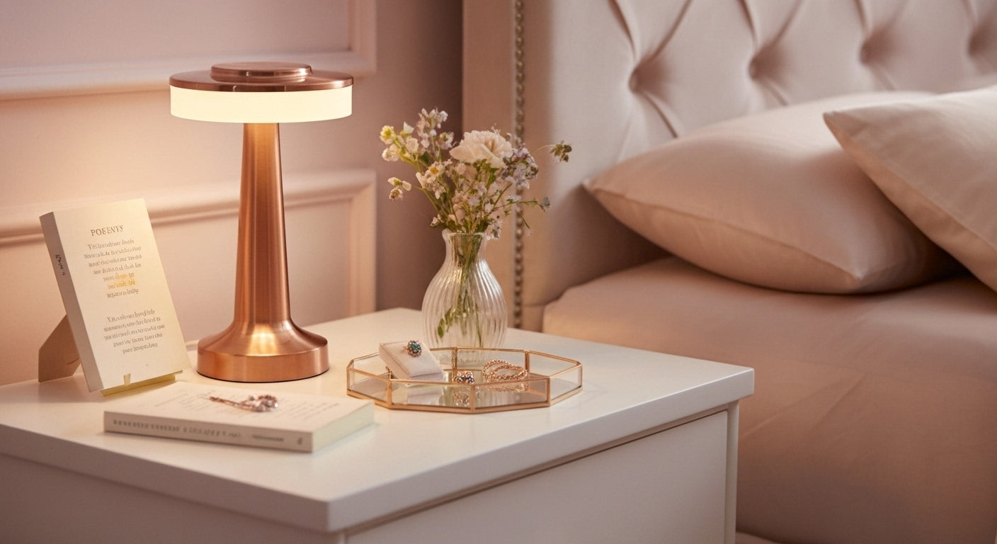 AuraGlow Cordless Touch Lamp in Rose Gold on a modern bedside table, casting a cozy, dimmable warm light in a minimalist bedroom. VelunaLumin.