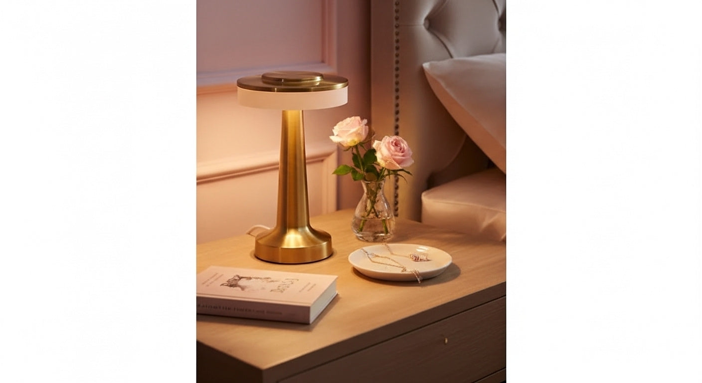 AuraGlow Cordless Touch Lamp in Gold on a modern bedside table, casting a cozy, dimmable warm light in a minimalist bedroom. VelunaLumin.