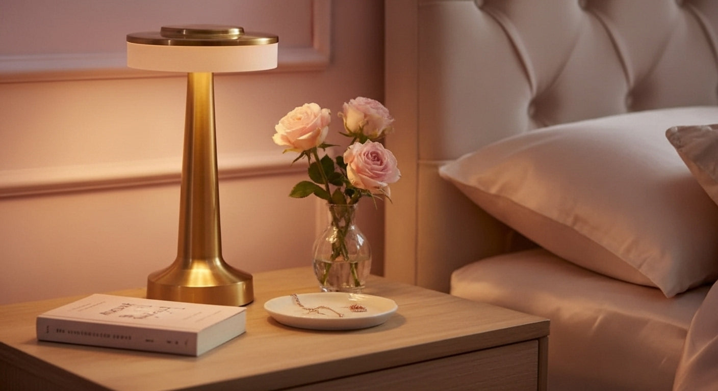 AuraGlow Cordless Touch Lamp in Gold on a modern bedside table, casting a cozy, dimmable warm light in a minimalist bedroom. VelunaLumin.