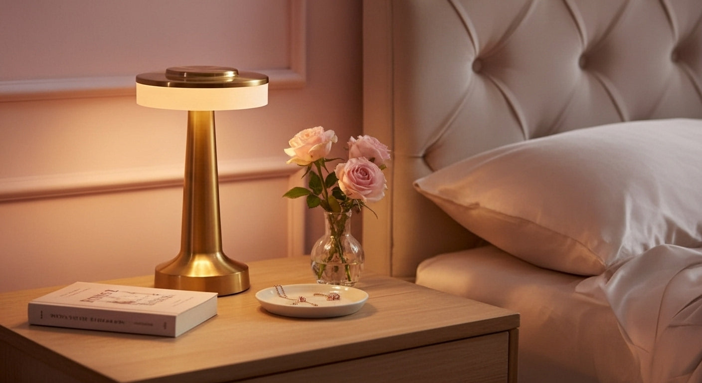 AuraGlow Cordless Touch Lamp in Gold on a modern bedside table, casting a cozy, dimmable warm light in a minimalist bedroom. VelunaLumin.