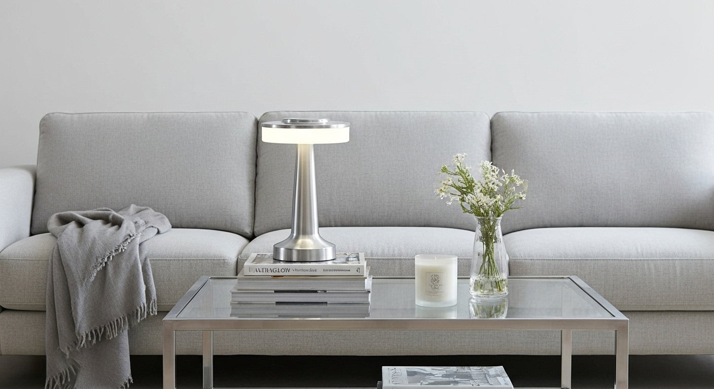 AuraGlow Cordless Touch Lamp in Silver on a modern bedside table, casting a cozy, dimmable warm light in a minimalist bedroom. VelunaLumin.