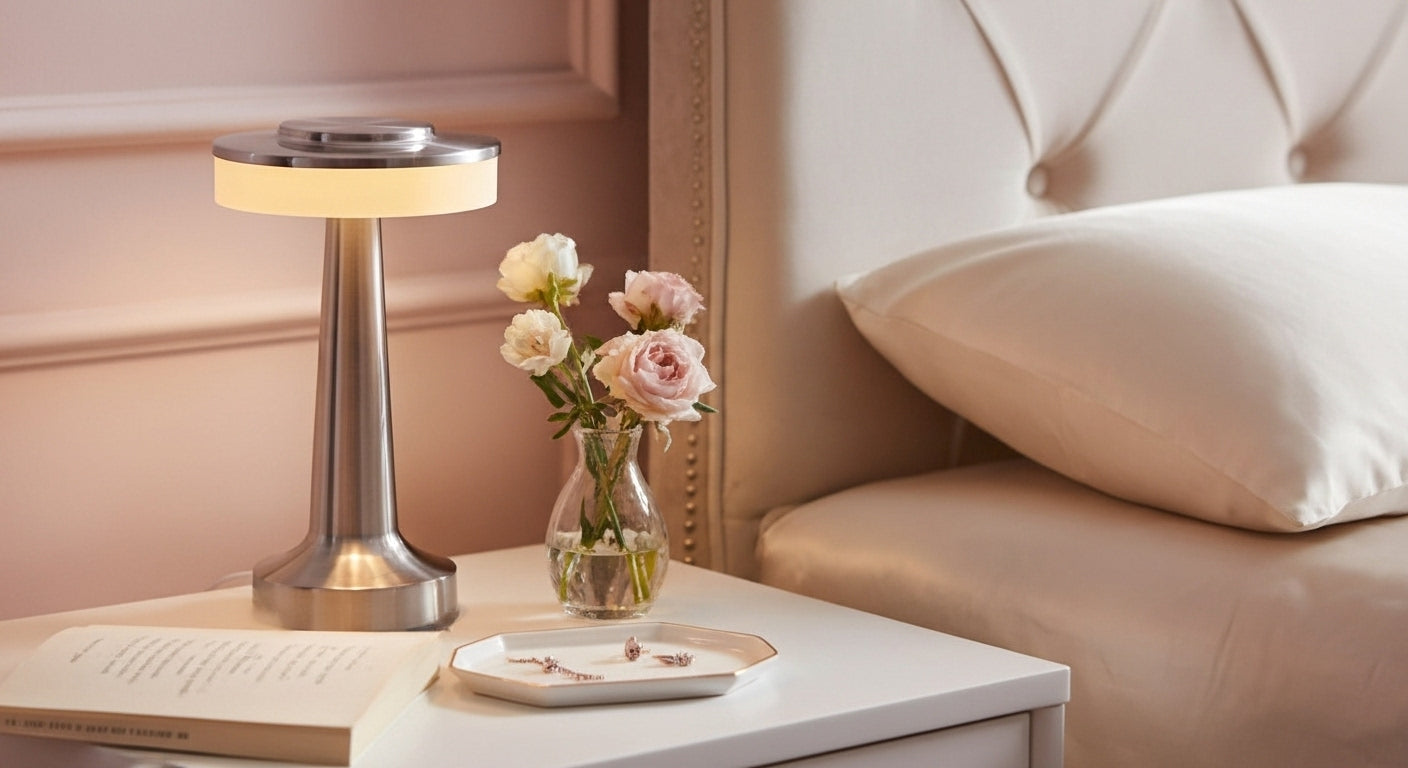 AuraGlow Cordless Touch Lamp in Silver on a modern bedside table, casting a cozy, dimmable warm light in a minimalist bedroom. VelunaLumin.