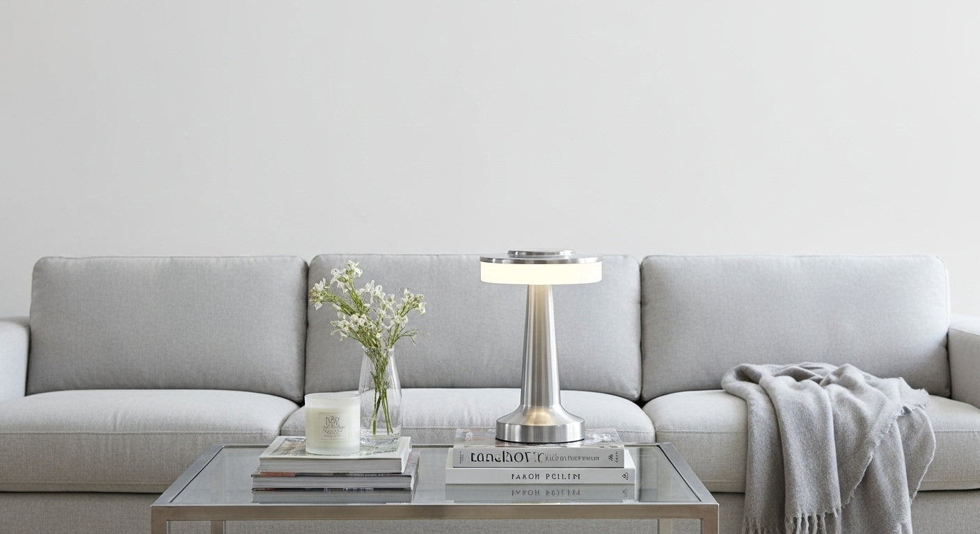 AuraGlow Cordless Touch Lamp in Silver on a modern bedside table, casting a cozy, dimmable warm light in a minimalist bedroom. VelunaLumin.