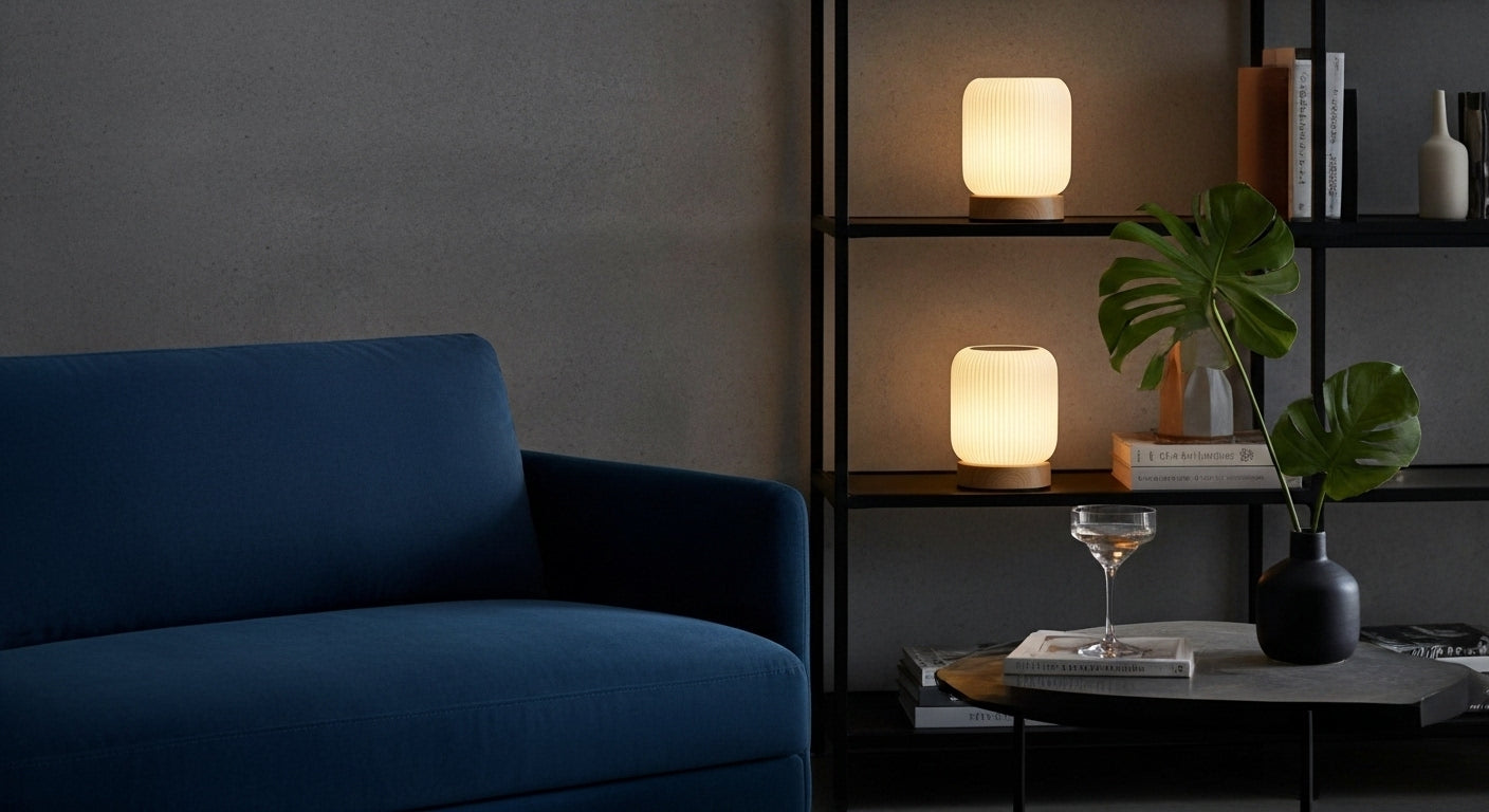 AuraShroom Cordless Lamp illuminating an outdoor patio table at dusk, highlighting its portable and rechargeable design. VelunaLumin.