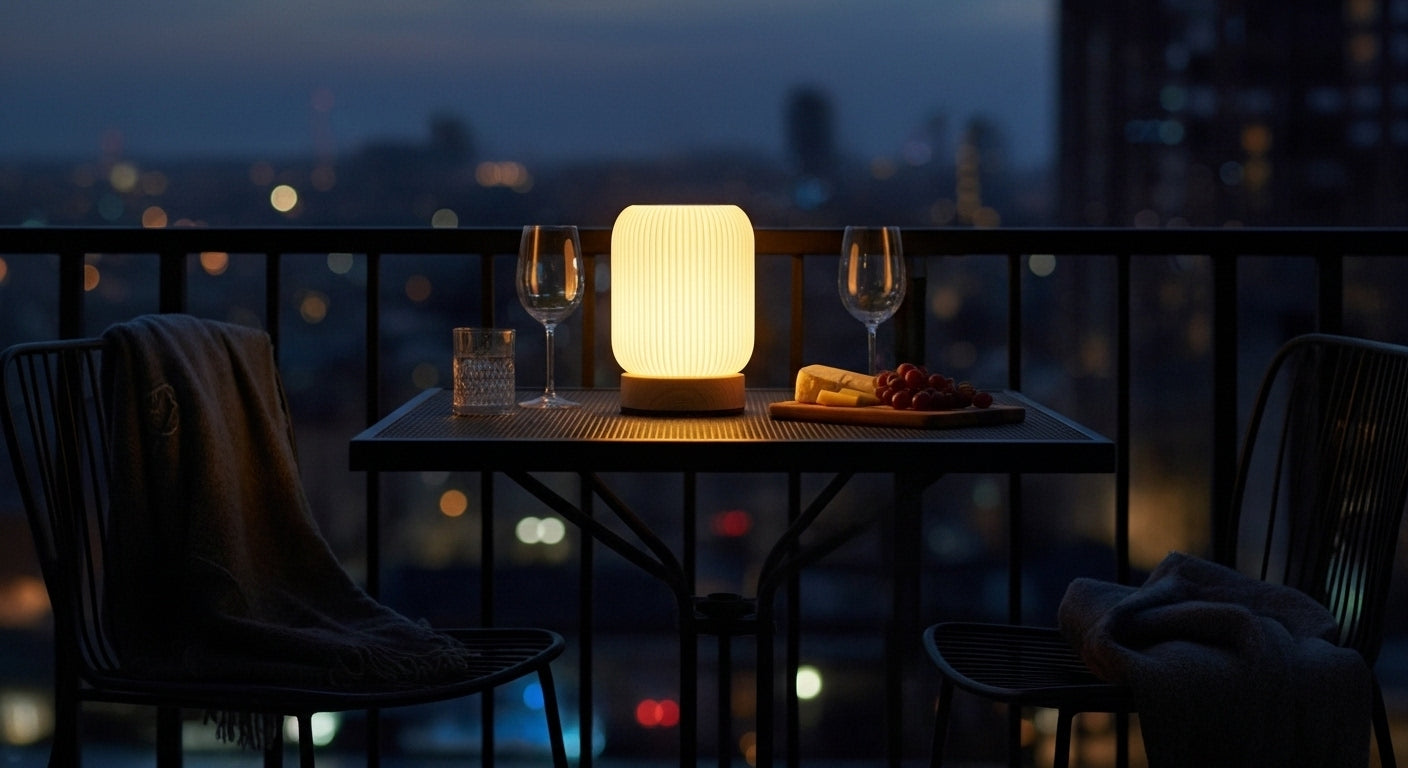 AuraShroom Cordless Lamp illuminating an outdoor patio table at dusk, highlighting its portable and rechargeable design. VelunaLumin.