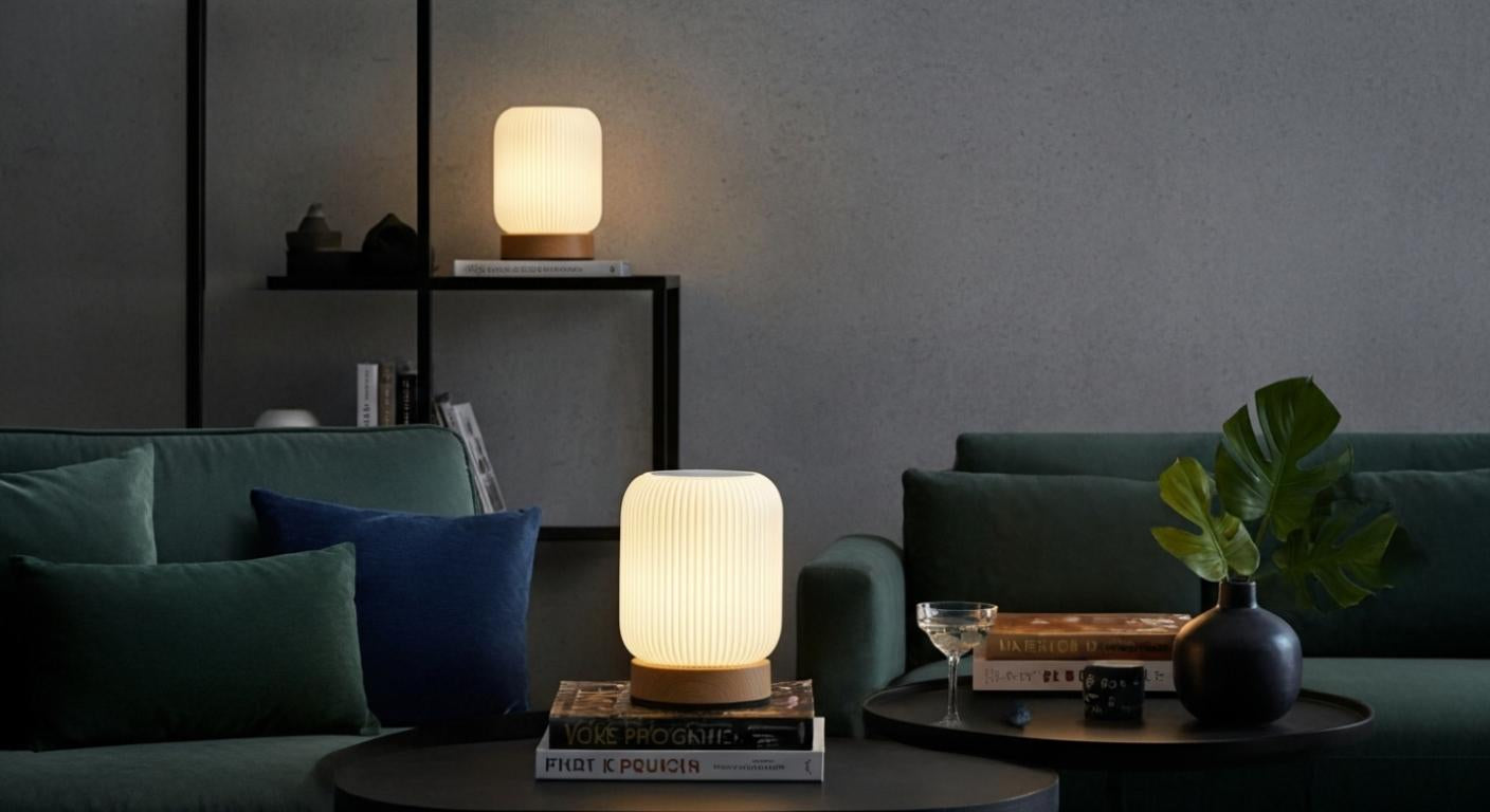 AuraShroom Portable Touch Lamp, a dimmable mushroom-shaped LED night light, in a modern white finish. VelunaLumin.