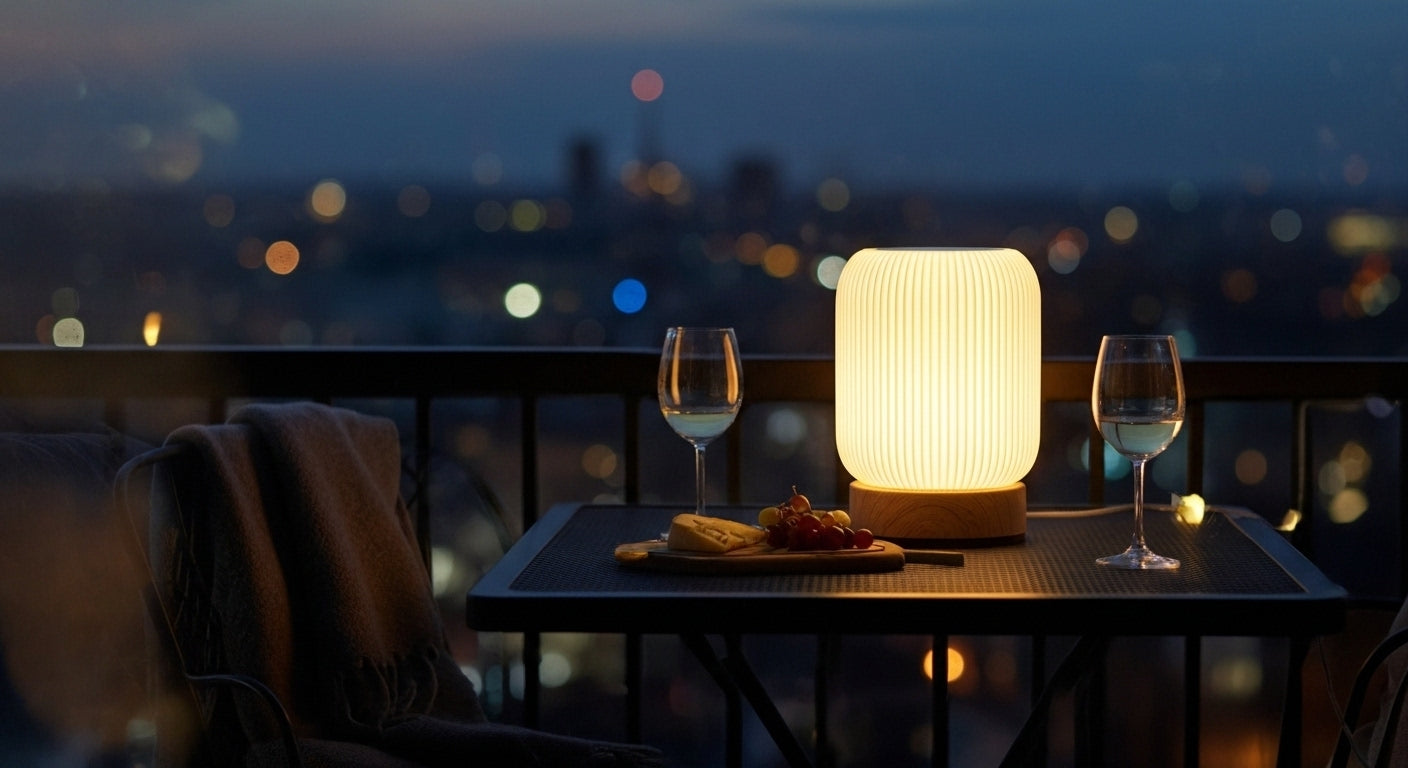 AuraShroom Cordless Lamp illuminating an outdoor patio table at dusk, highlighting its portable and rechargeable design. VelunaLumin.