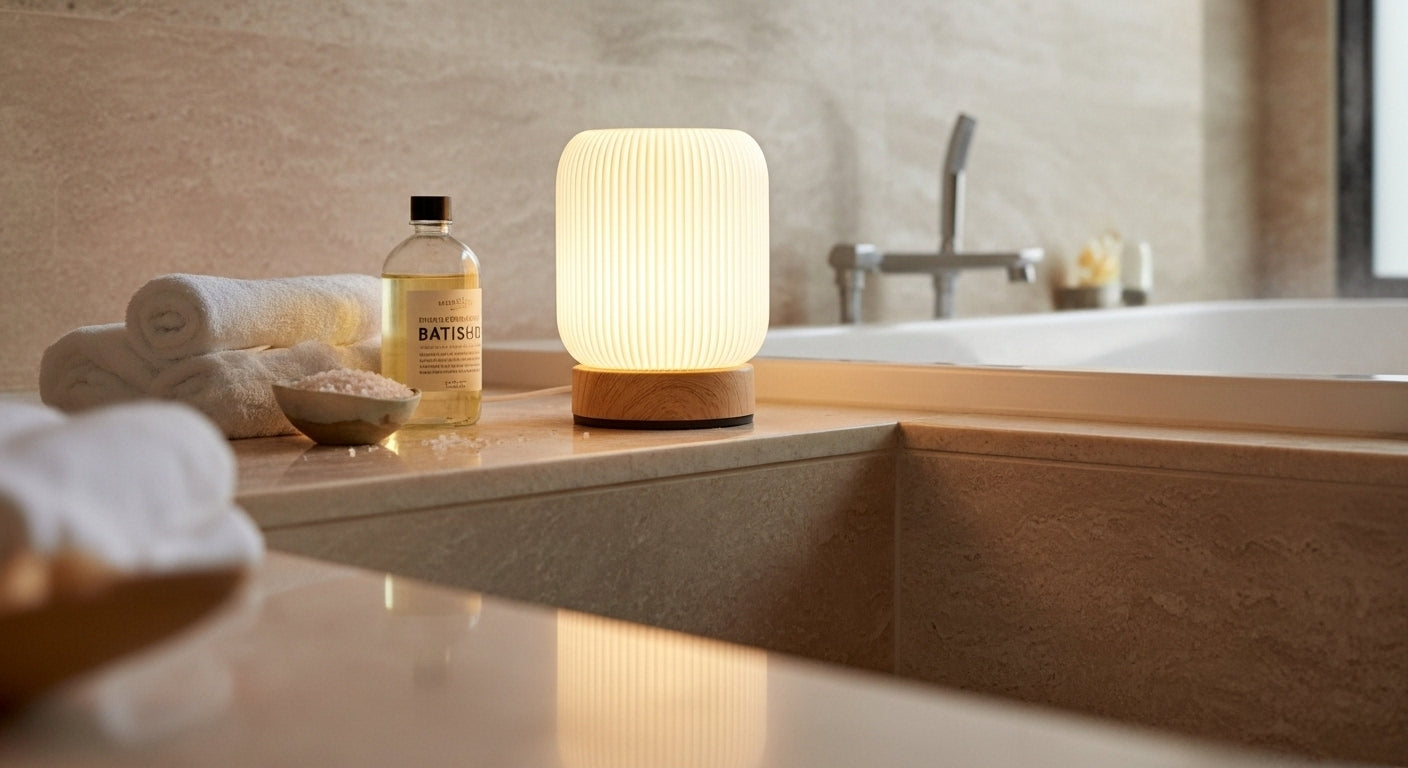 AuraShroom Portable Touch Lamp, a dimmable mushroom-shaped LED night light, in a modern white finish. VelunaLumin.