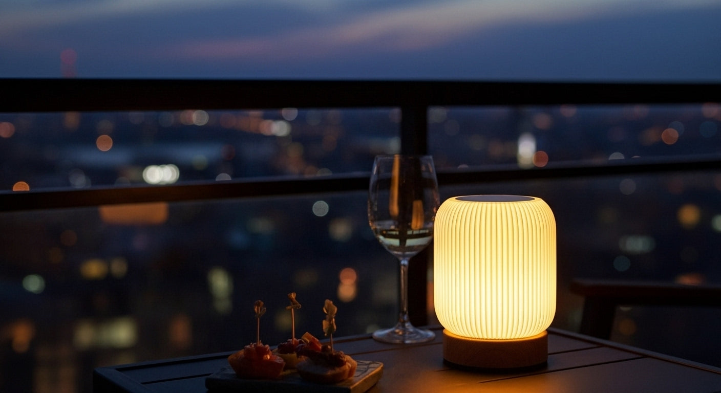 AuraShroom Cordless Lamp illuminating an outdoor patio table at dusk, highlighting its portable and rechargeable design. VelunaLumin.