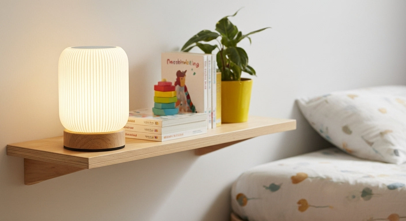 AuraShroom Portable Touch Lamp on a bedside table, casting a soft, warm glow in a cozy modern bedroom, perfect as a night light. VelunaLumin.