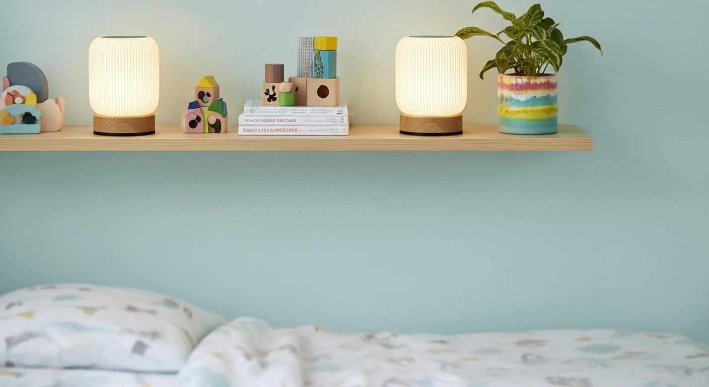 AuraShroom Portable Touch Lamp on a bedside table, casting a soft, warm glow in a cozy modern bedroom, perfect as a night light. VelunaLumin.