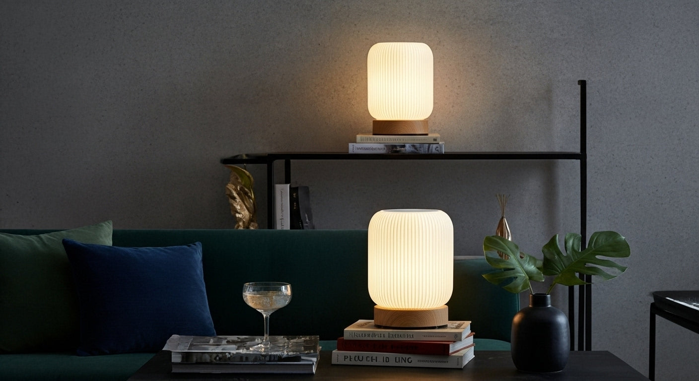 AuraShroom Cordless Lamp illuminating an outdoor patio table at dusk, highlighting its portable and rechargeable design. VelunaLumin.