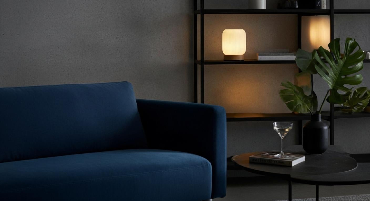 AuraShroom Cordless Lamp illuminating an outdoor patio table at dusk, highlighting its portable and rechargeable design. VelunaLumin.