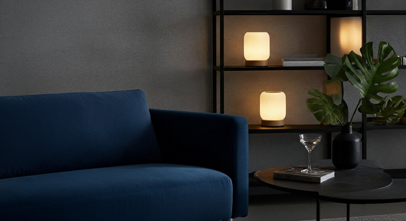 AuraShroom Cordless Lamp illuminating an outdoor patio table at dusk, highlighting its portable and rechargeable design. VelunaLumin.