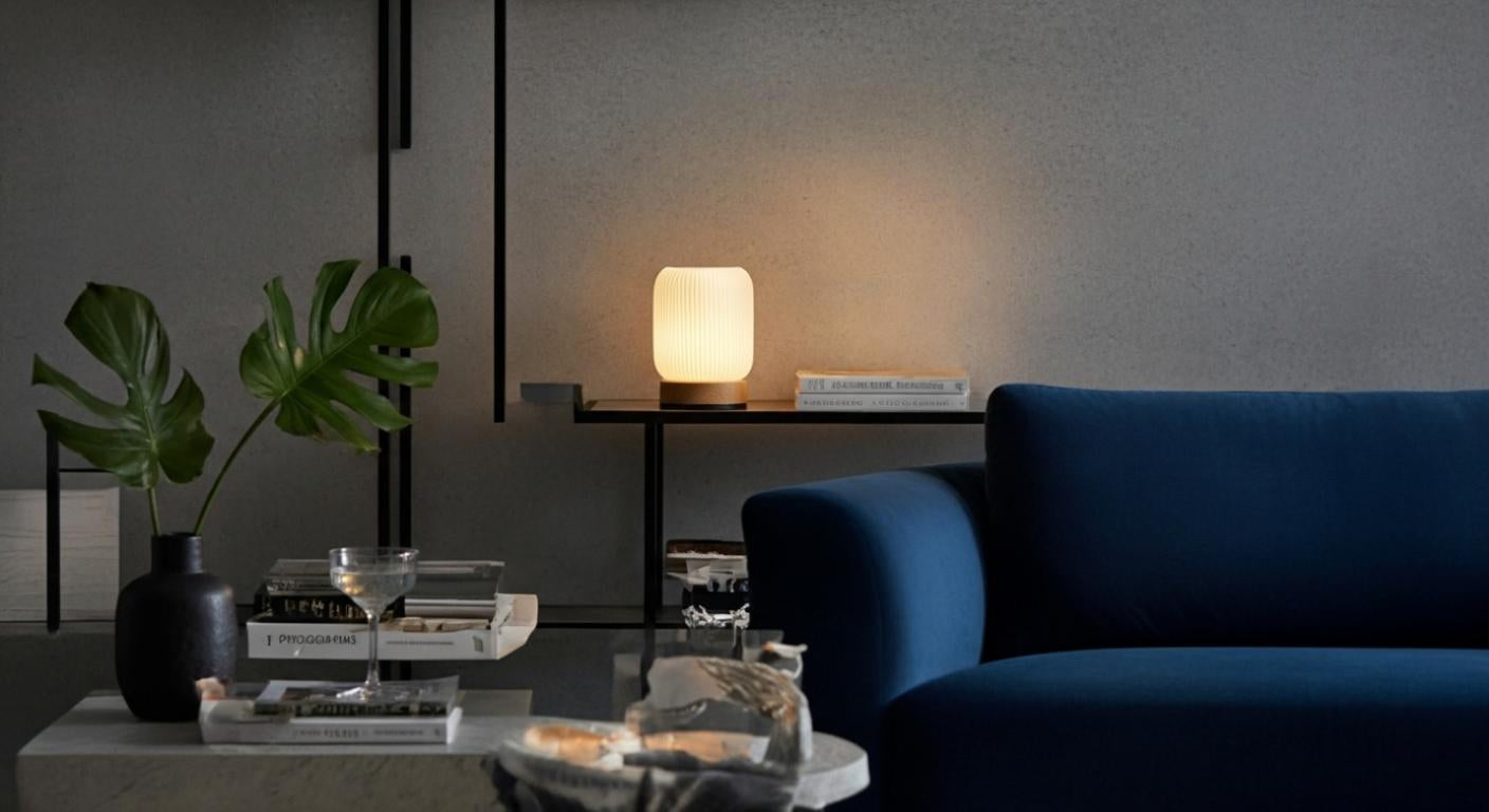 AuraShroom Portable Touch Lamp, a dimmable mushroom-shaped LED night light, in a modern white finish. VelunaLumin.