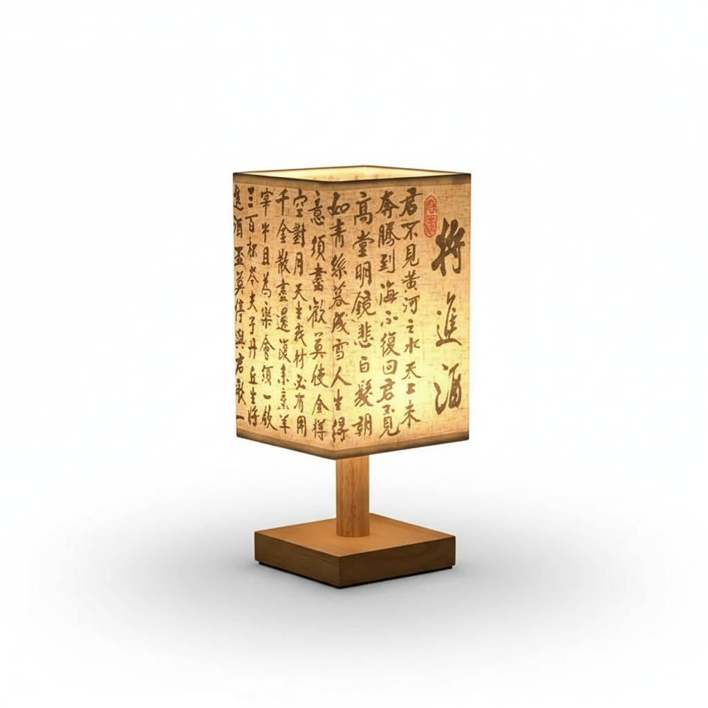 SereneScape Artisan Table Lamp with 'Celestial Cranes' oriental art linen shade, dimmable warm light, and solid wood base. VelunaLumin.