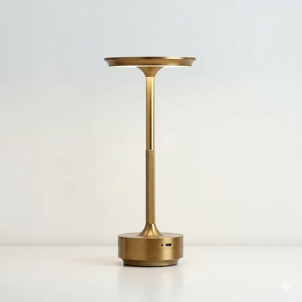 AuraElara Cordless Table Lamp in Brushed Gold aluminum, a dimmable and rechargeable modern LED light with touch control. VelunaLumin.