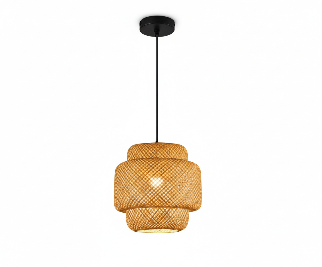 ZenWeave 'Tiered Serenity' Pendant Light, a hand-knitted natural bamboo lamp with a unique layered, sculptural design, E27 compatible. VelunaLumin.