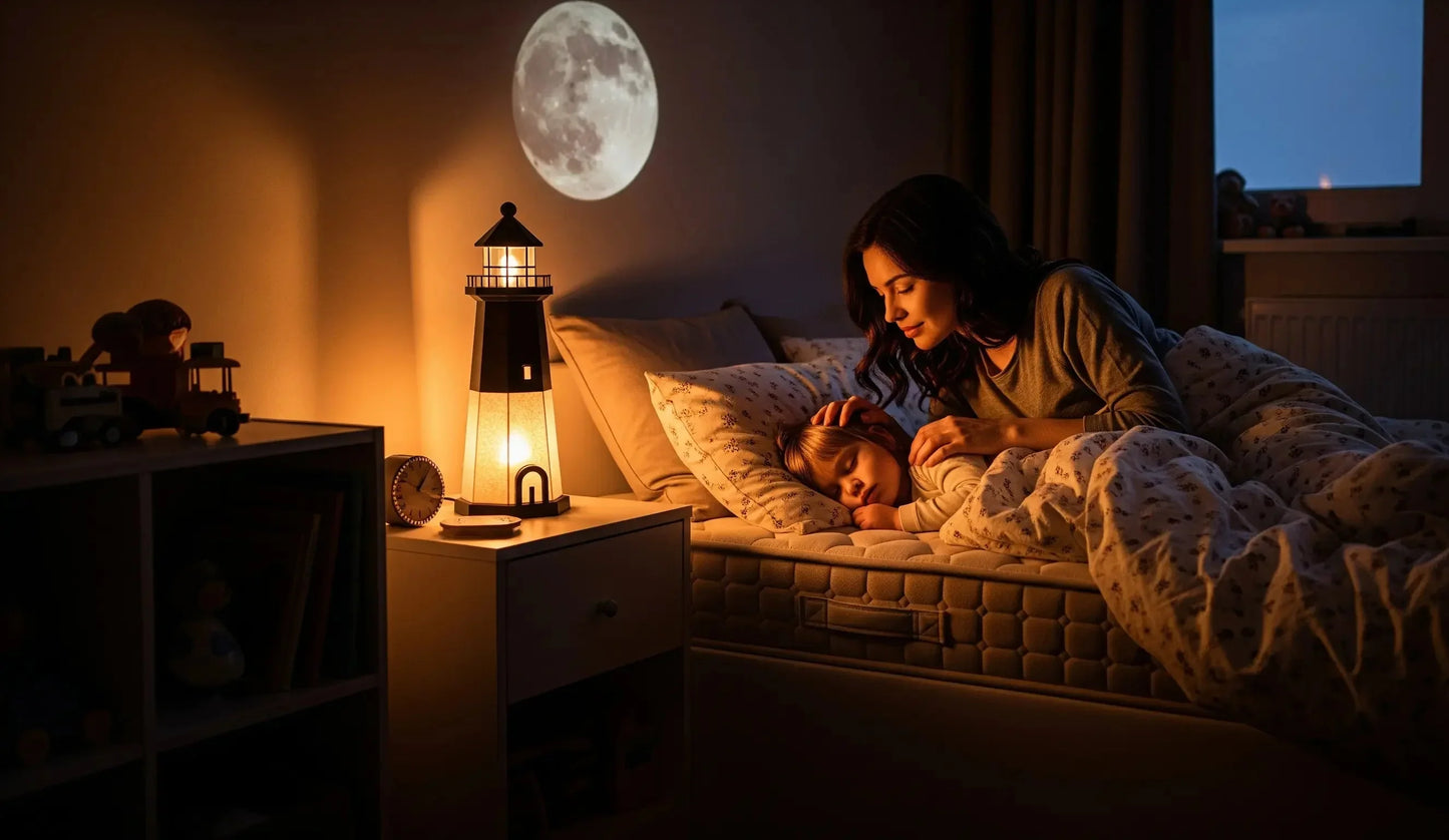 LunaBeacon lighthouse night light projecting a floating moon.
