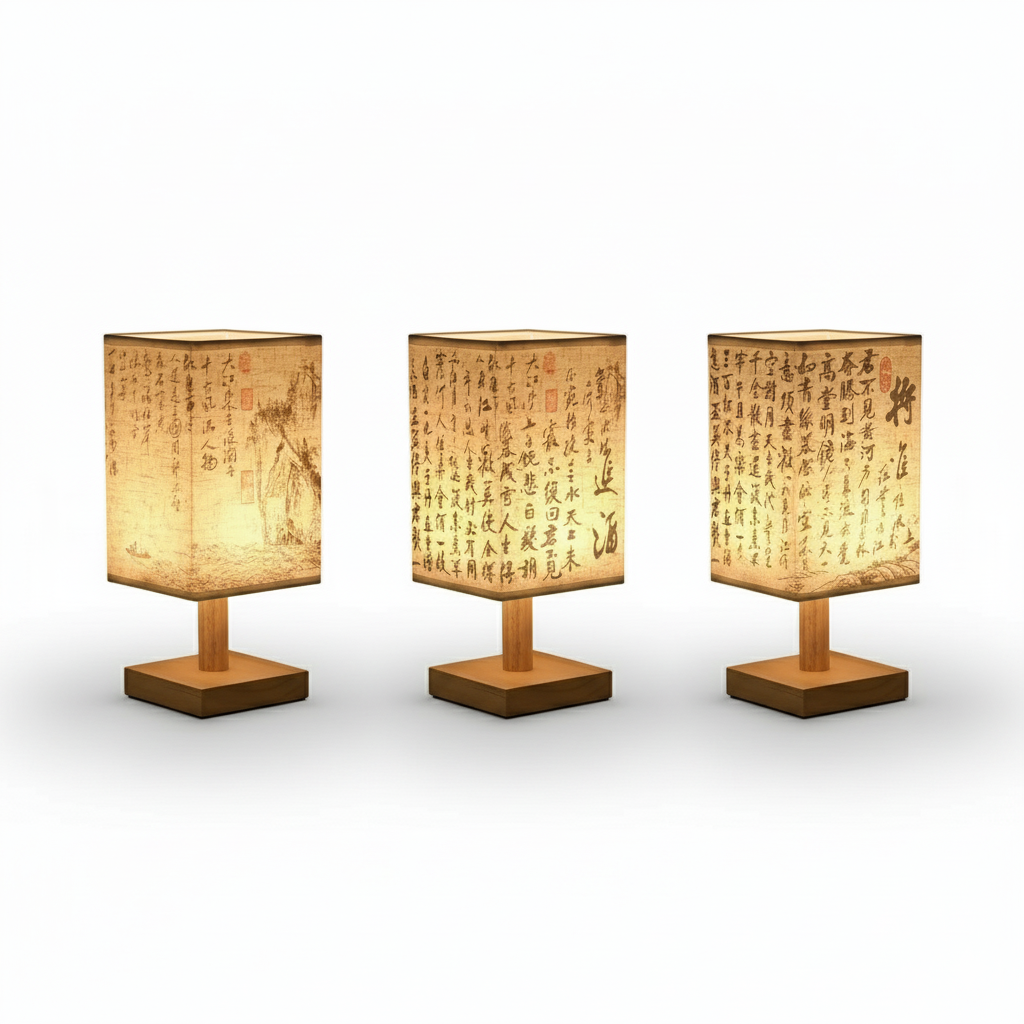 SereneScape Artisan Table Lamp with oriental art linen shade, dimmable warm light, and solid wood base. VelunaLumin.