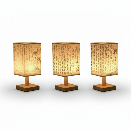 SereneScape Artisan Table Lamp with oriental art linen shade, dimmable warm light, and solid wood base. VelunaLumin.