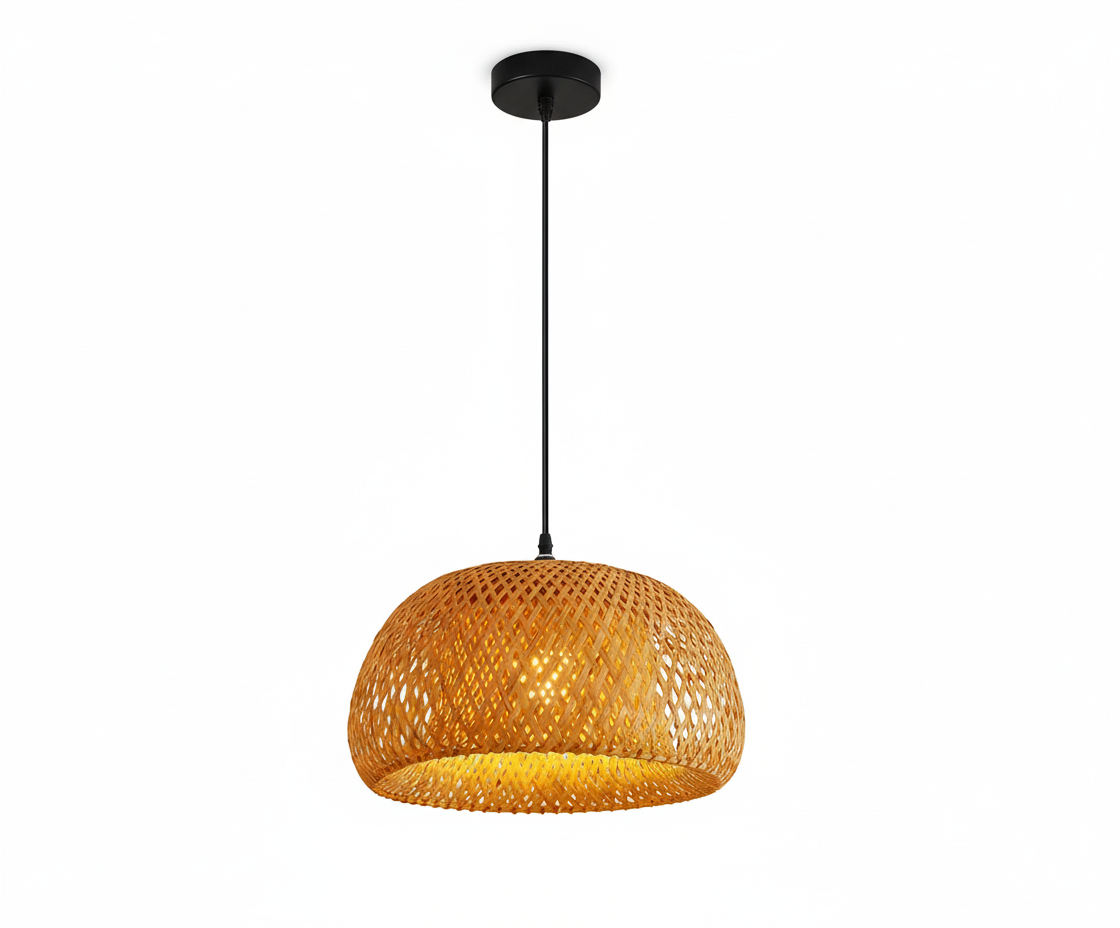 ZenWeave 'Harmony Dome' Pendant Light, a hand-knitted natural bamboo lamp with a smooth, hemispherical shape, E27 compatible. VelunaLumin.