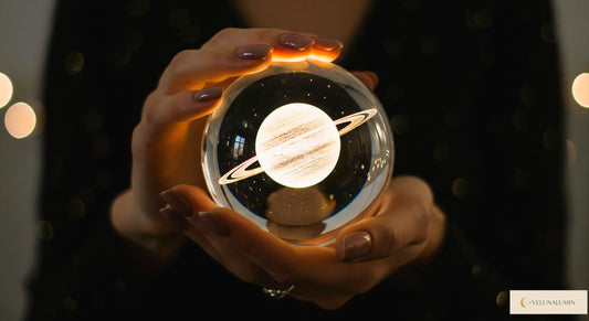 Cosmos 3D galaxy crystal sphere night light on wood base.