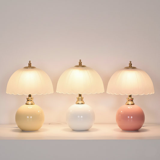NouveauGlow Murano-Style Mushroom Lamp in Classic White, Pink and Creme, with a hand-blown striped glass shade and ceramic base. VelunaLumin.