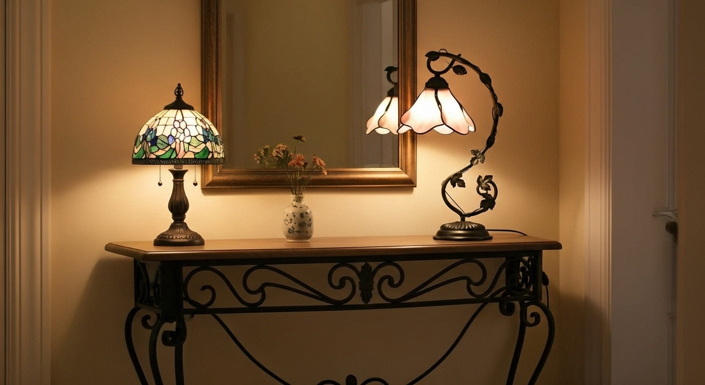 LuminaGlow Tiffany Desk Lamp: Handcrafted Stained Glass | Antique Mediterranean Table Light for UK/EU Homes VelunaLumin
