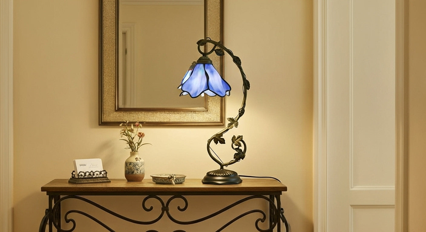 LuminaGlow Tiffany Desk Lamp: Handcrafted Stained Glass | Antique Mediterranean Table Light for UK/EU Homes VelunaLumin
