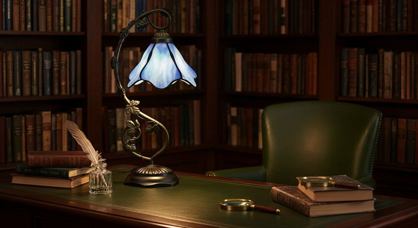 LuminaGlow Tiffany Desk Lamp: Handcrafted Stained Glass | Antique Mediterranean Table Light for UK/EU Homes VelunaLumin
