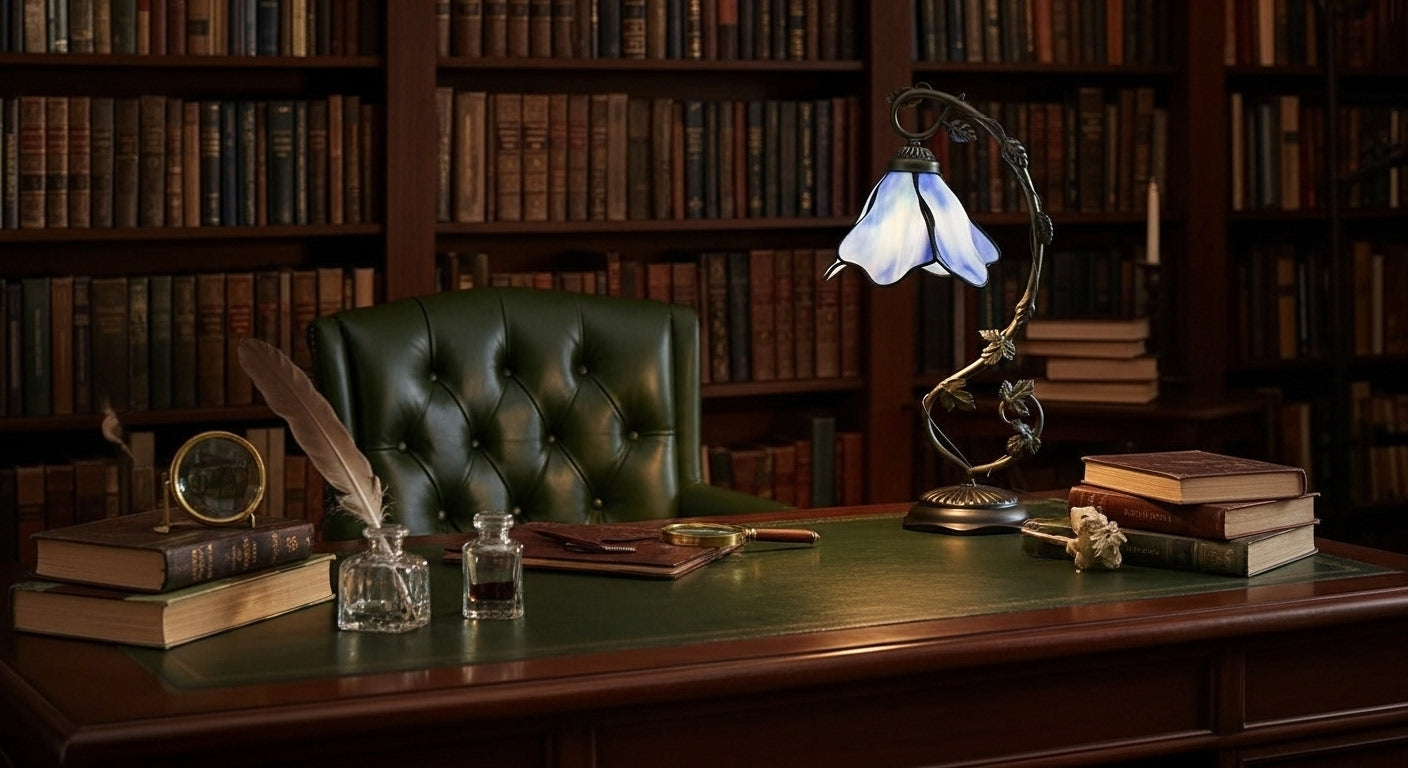 LuminaGlow Tiffany Desk Lamp: Handcrafted Stained Glass | Antique Mediterranean Table Light for UK/EU Homes VelunaLumin