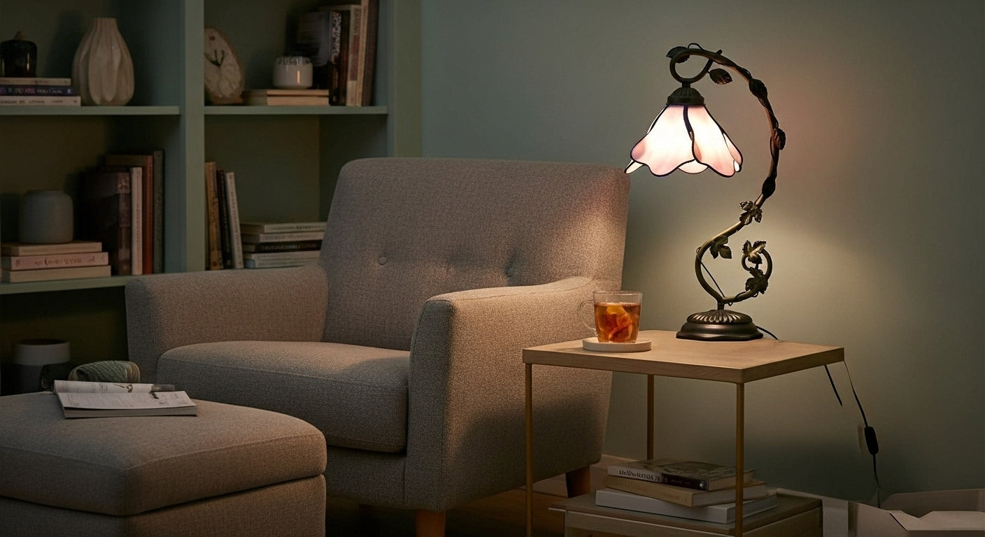 LuminaGlow Tiffany Desk Lamp: Handcrafted Stained Glass | Antique Mediterranean Table Light for UK/EU Homes VelunaLumin