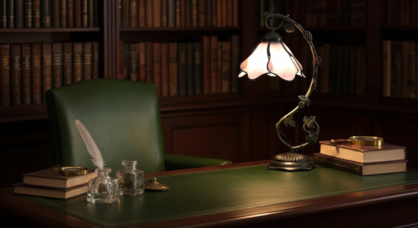 LuminaGlow Tiffany Desk Lamp: Handcrafted Stained Glass | Antique Mediterranean Table Light for UK/EU Homes VelunaLumin