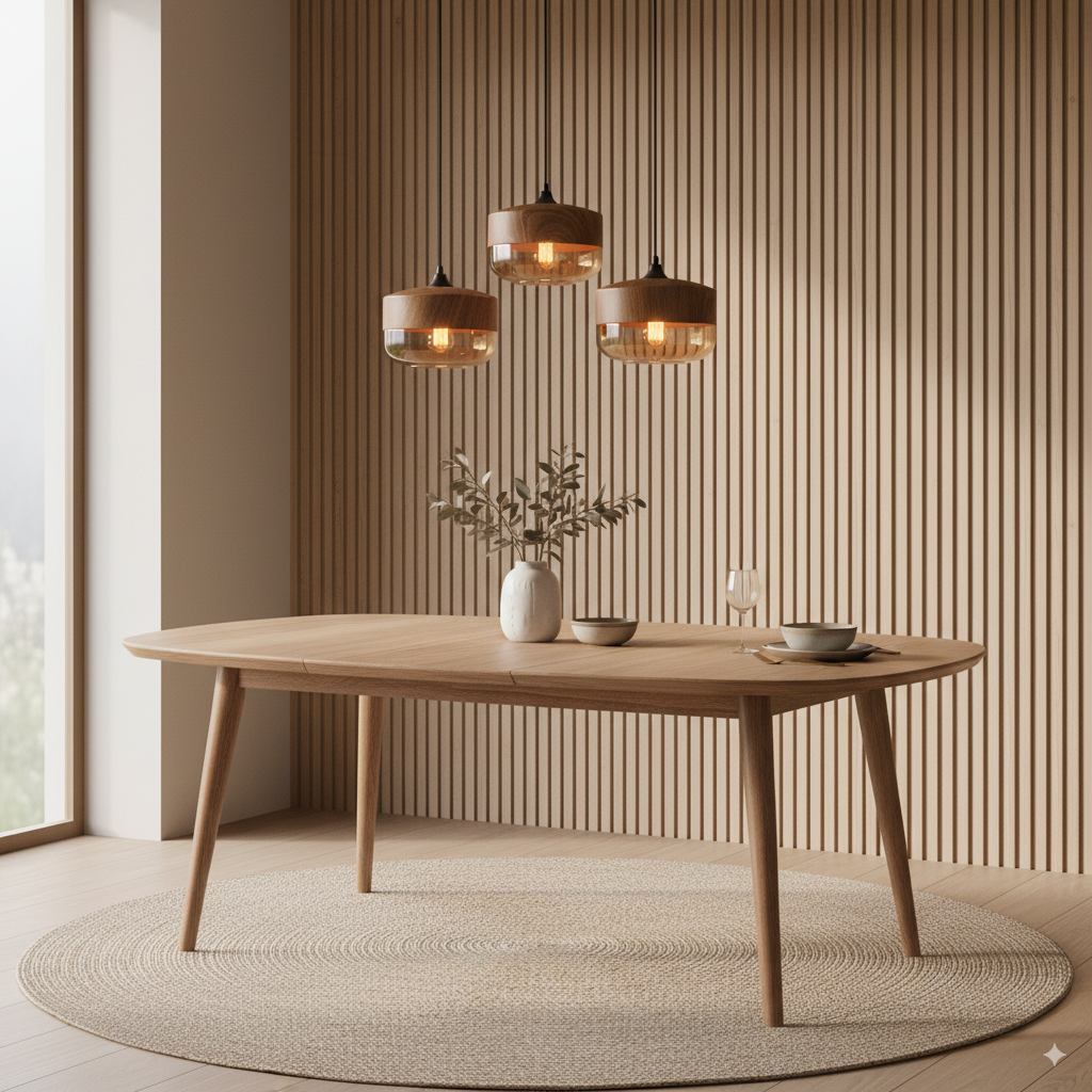 Two LuminaGrace Nordic Wood & Cognac Glass Tall Cylinder Pendant Lights hanging above a modern wooden dining table, casting a warm amber glow, creating an inviting atmosphere, VelunaLumin.
