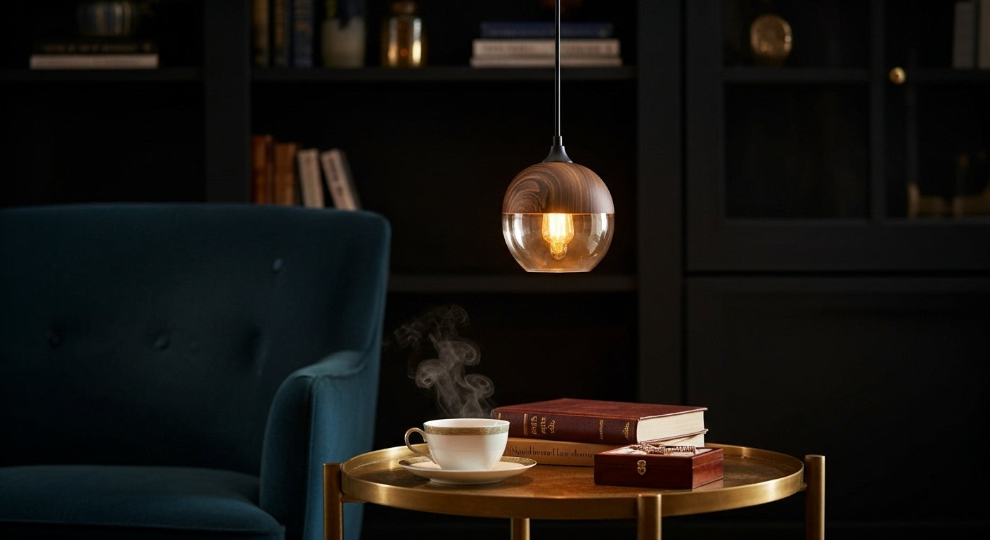 Two LuminaGrace Nordic Wood & Cognac Glass Tall Cylinder Pendant Lights hanging above a modern wooden dining table, casting a warm amber glow, creating an inviting atmosphere, VelunaLumin.