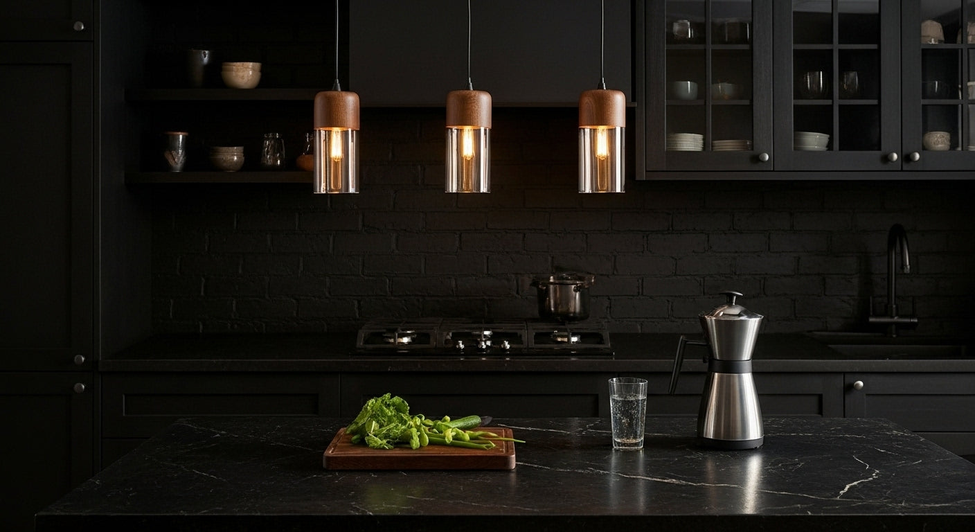Two LuminaGrace Nordic Wood & Cognac Glass Tall Cylinder Pendant Lights hanging above a modern wooden dining table, casting a warm amber glow, creating an inviting atmosphere, VelunaLumin.