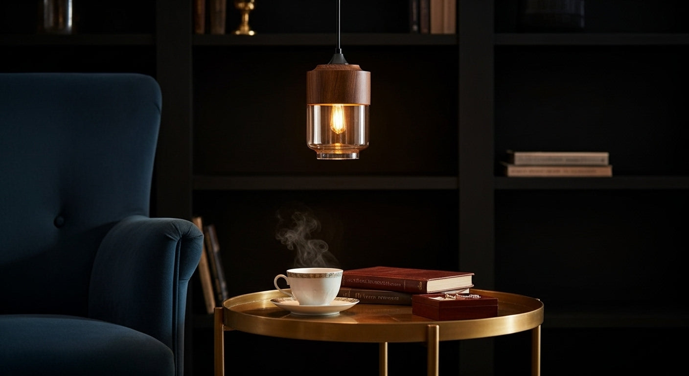 Two LuminaGrace Nordic Wood & Cognac Glass Tall Cylinder Pendant Lights hanging above a modern wooden dining table, casting a warm amber glow, creating an inviting atmosphere, VelunaLumin.