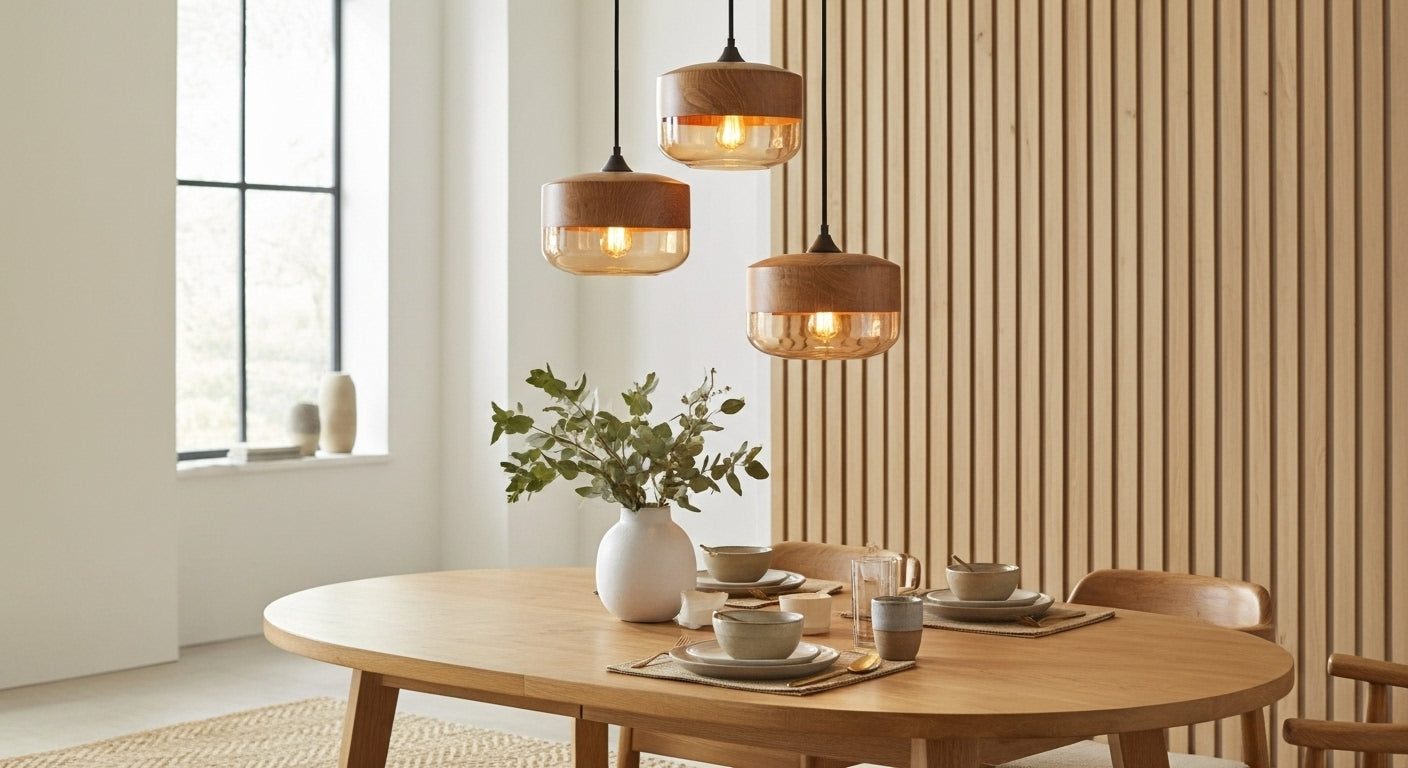 Two LuminaGrace Nordic Wood & Cognac Glass Tall Cylinder Pendant Lights hanging above a modern wooden dining table, casting a warm amber glow, creating an inviting atmosphere, VelunaLumin.