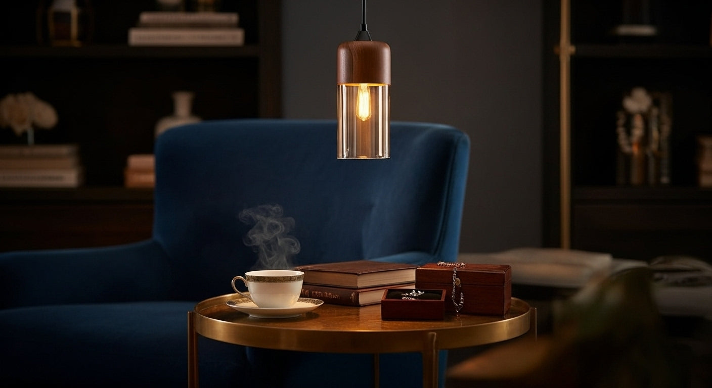 Two LuminaGrace Nordic Wood & Cognac Glass Tall Cylinder Pendant Lights hanging above a modern wooden dining table, casting a warm amber glow, creating an inviting atmosphere, VelunaLumin.