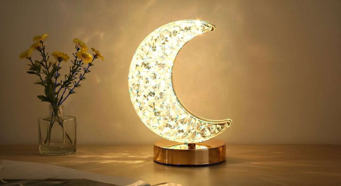 LunaSphere 3D moon crystal lamp with touch dimming.