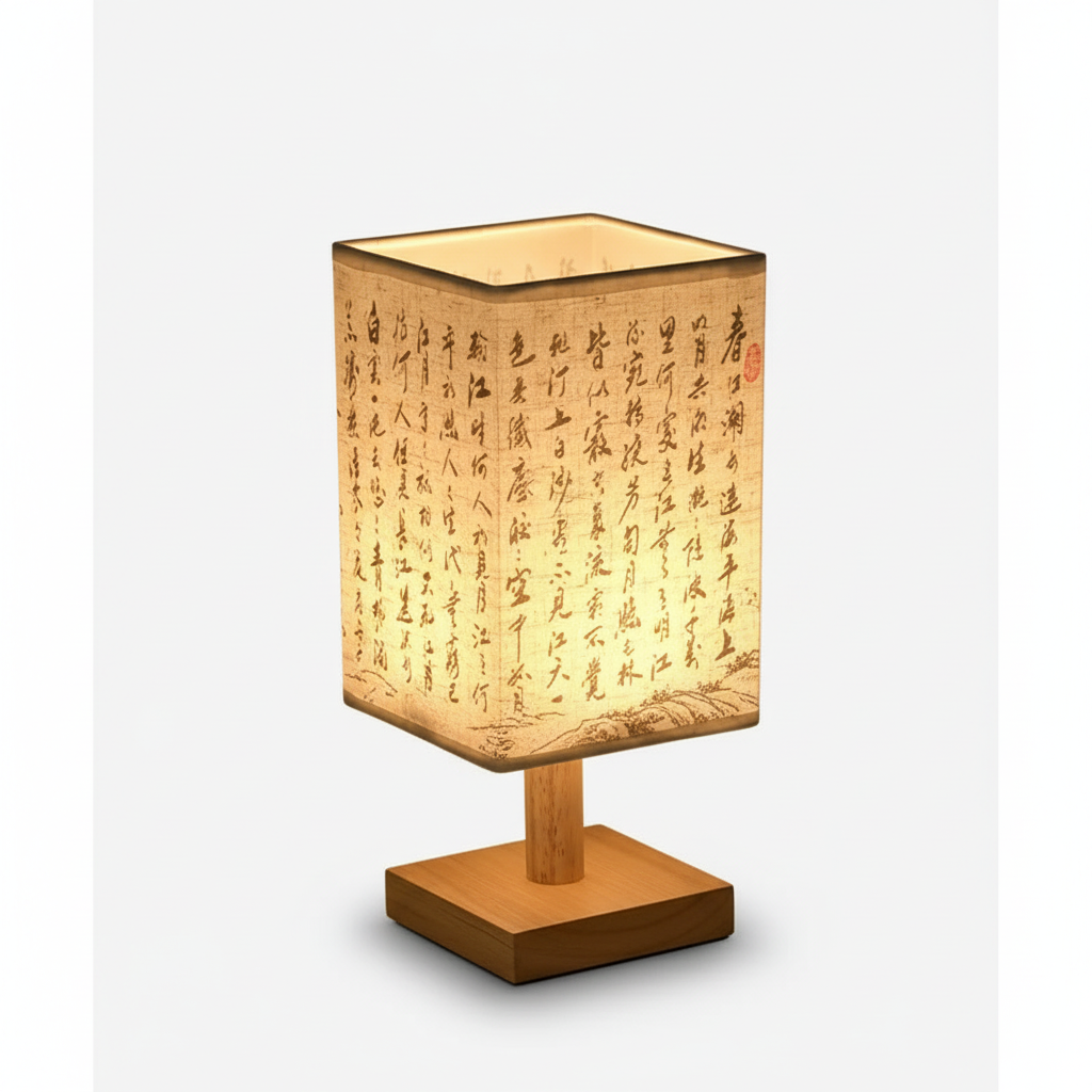SereneScape Artisan Table Lamp with 'Mountain Pagoda' oriental art linen shade, dimmable warm light, and solid wood base. VelunaLumin.