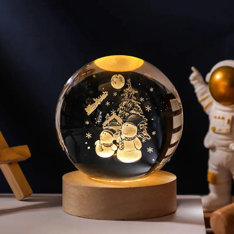 Cosmos 3D galaxy crystal sphere night light on wood base.