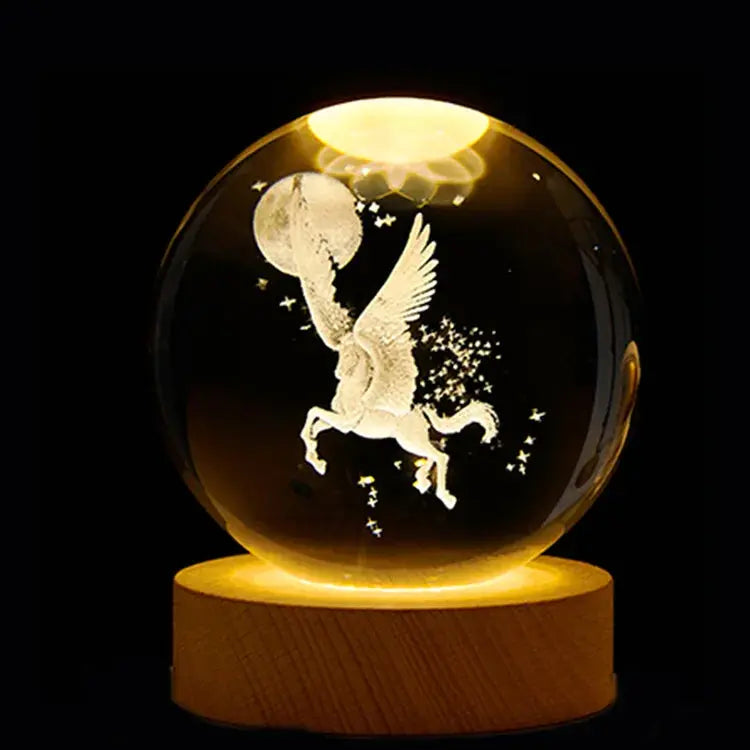 Cosmos 3D galaxy crystal sphere night light on wood base.