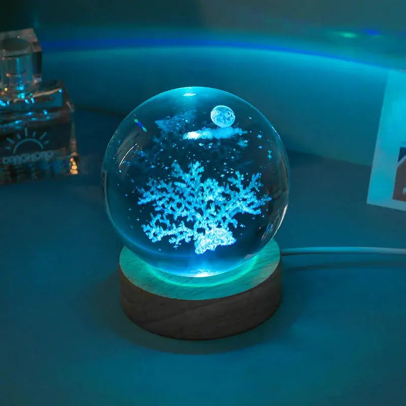 Cosmos 3D galaxy crystal sphere night light on wood base.