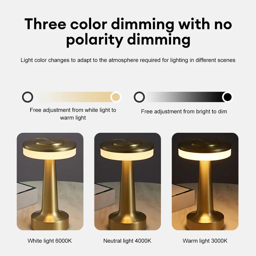 Close-up of a hand touching the top of the AuraGlow Cordless Touch Lamp to adjust brightness and light color. VelunaLumin.