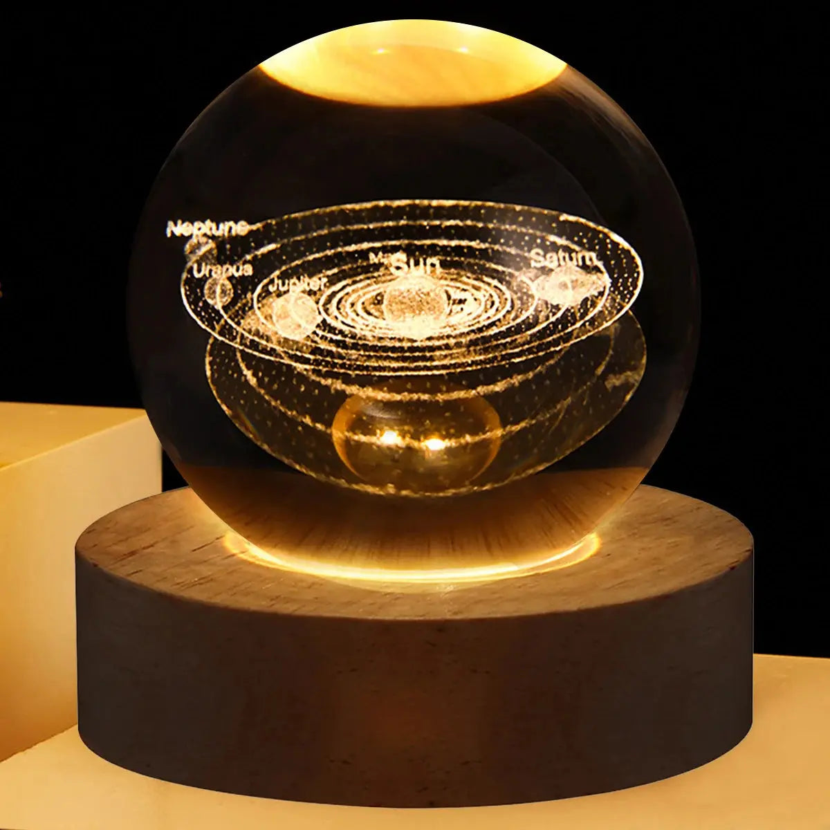 Cosmos 3D galaxy crystal sphere night light on wood base.